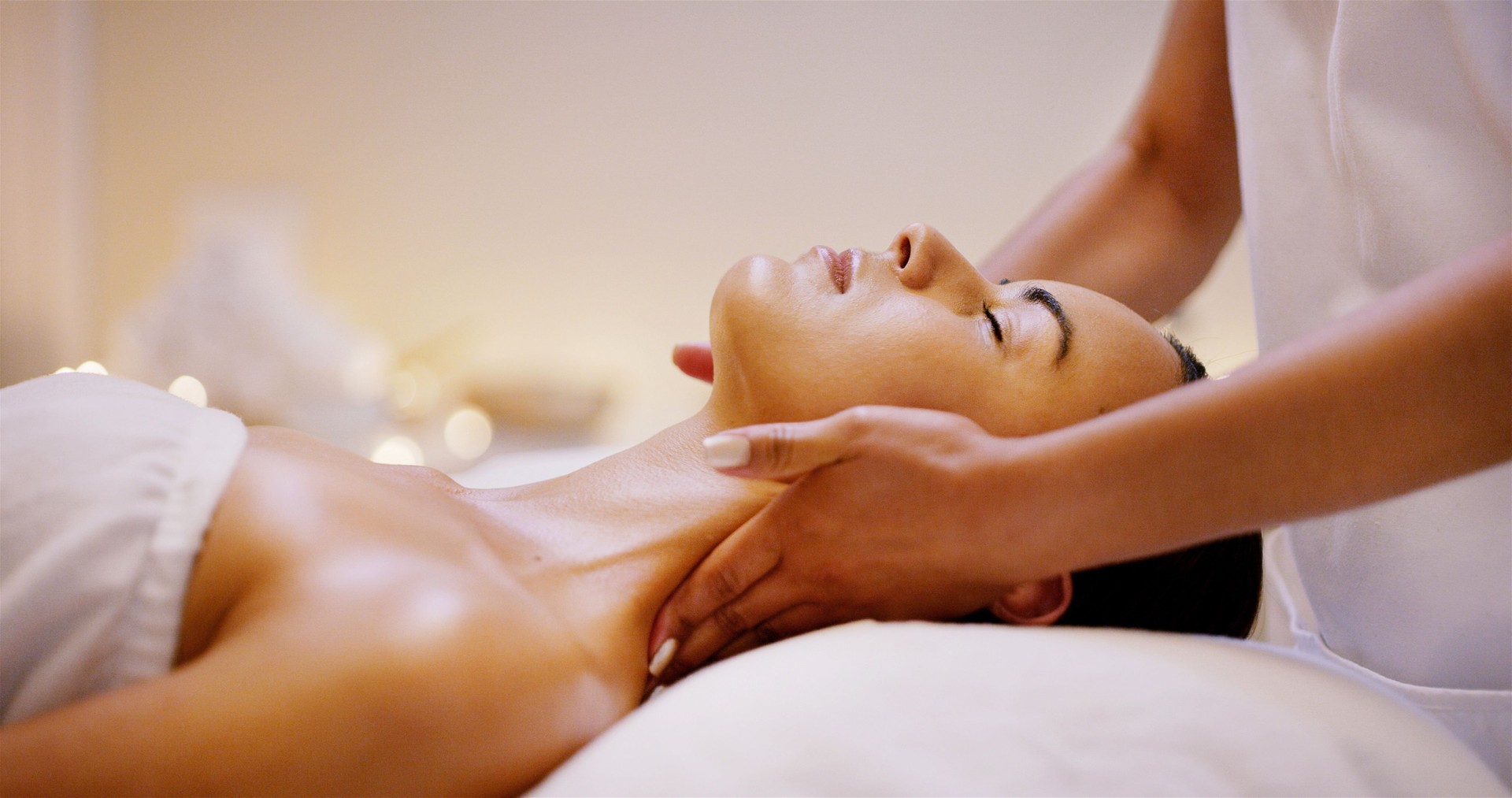Hands, neck massage and woman with zen, skin and holistic spa center for wellness and health. Masseuse, peace of mind or stress relief with self care, healing and relaxation with cosmetic therapy