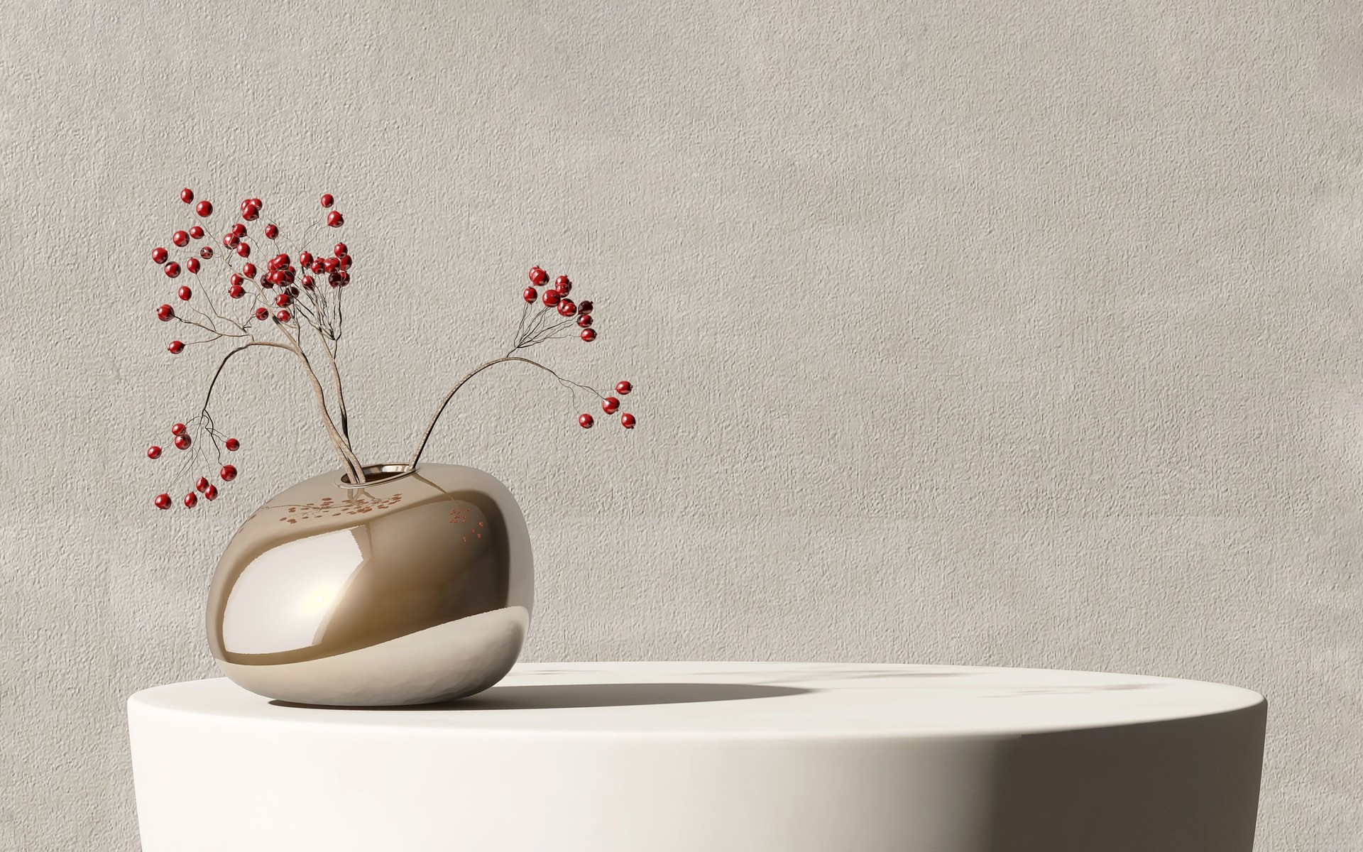 Minimal, modern white round stone podium, red berry bouquet in shiny smooth gold vase in sunlight on concrete wall