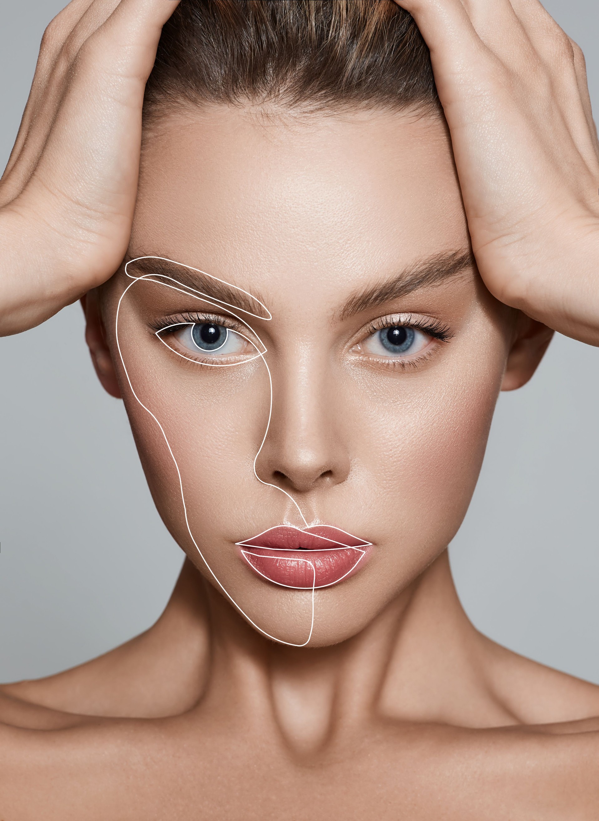 Aesthetic cosmetology, face care. Portrait of beautiful woman with lifting lines on skin